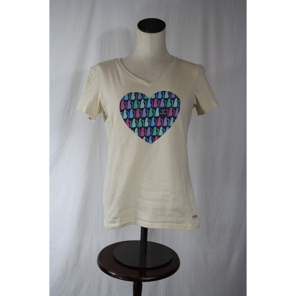 Life Is Good Ivory Cat Heart Graphic Short Sleeve V-neck Tee T-shirt Size Small